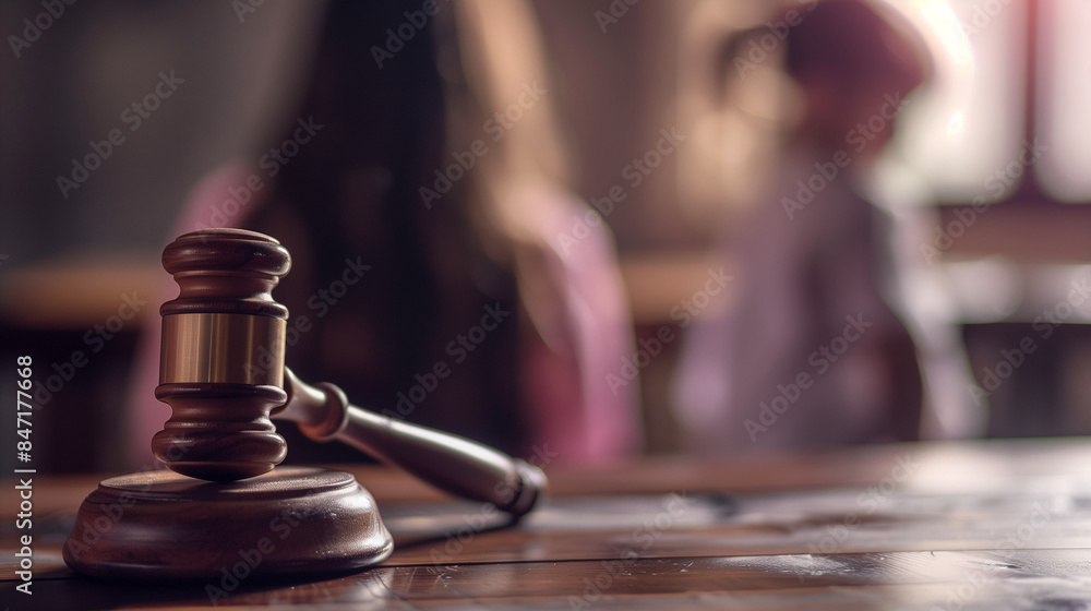 Close up of a legal judges hammer with a blurred child in the background. Child custody concept Close up of a legal judges hammer with a blurred child in the background. Child custody concept