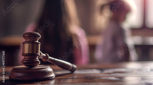 Close up of a legal judges hammer with a blurred child in the background. Child custody concept