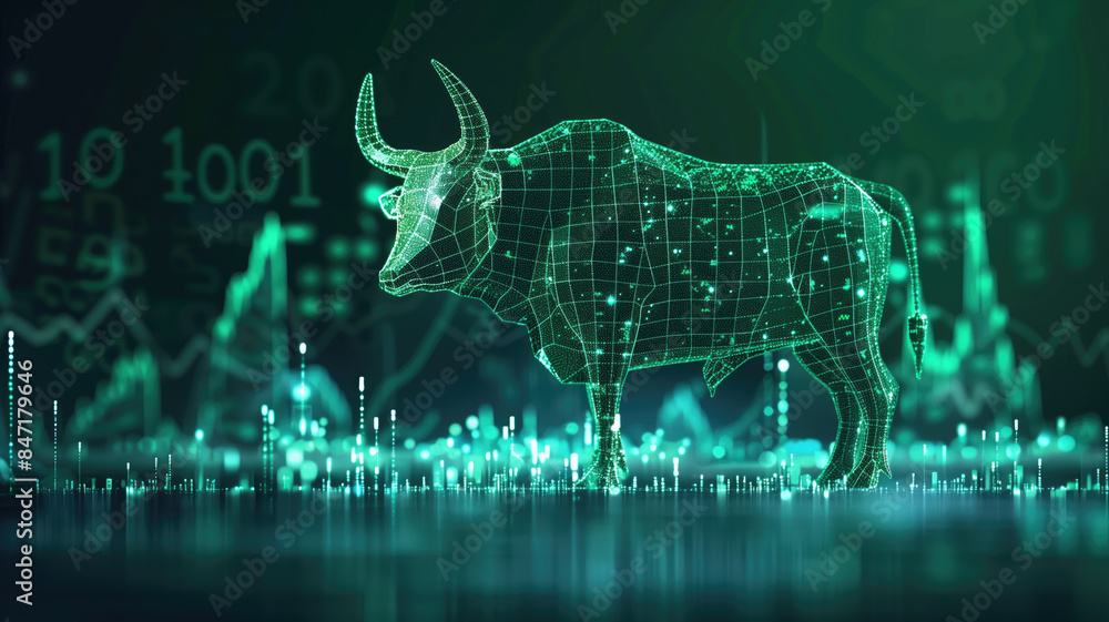 Fototapeta premium Stock market bull market trading Up trend of graph green background rising price Generative AI.