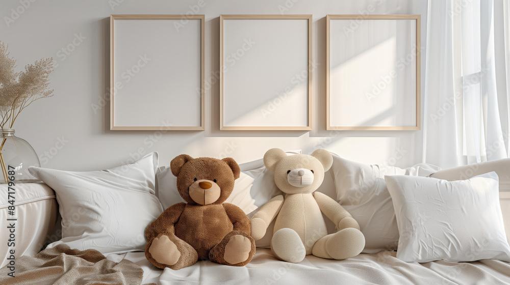 Cozy nursery with mockup frames and teddy bears. Concept for nursery decoration. Cozy nursery with mockup frames and teddy bears. Concept for nursery decoration.