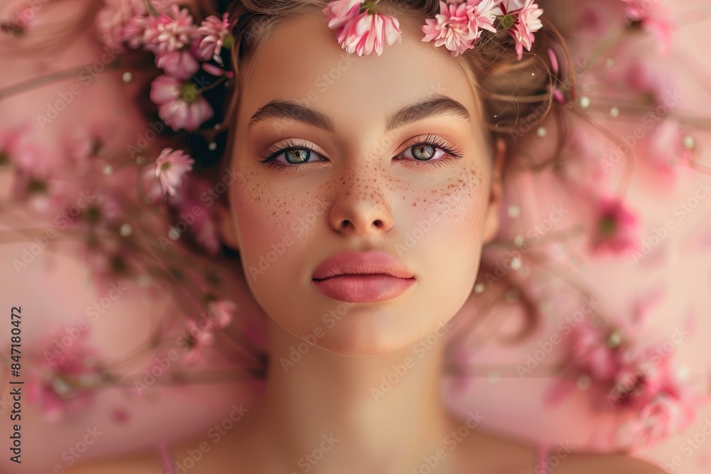 Beautiful young woman with freckles is lying down with her eyes closed, surrounded by pink flowers Beautiful young woman with freckles is lying down with her eyes closed, surrounded by pink flowers