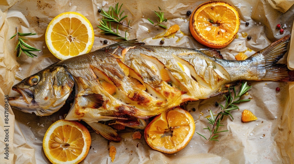 Grilled whole carp fish with lemon and oranges served on parchment paper Grilled whole carp fish with lemon and oranges served on parchment paper