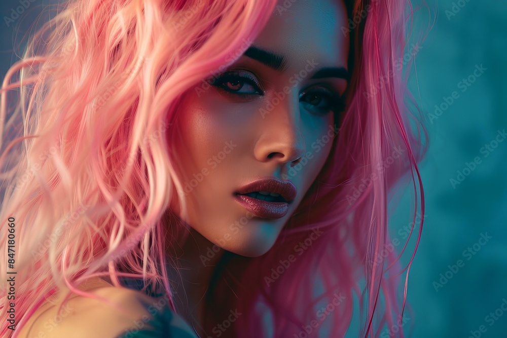 Portrait of a confident young woman with pink hair and tattoos looking directly at us