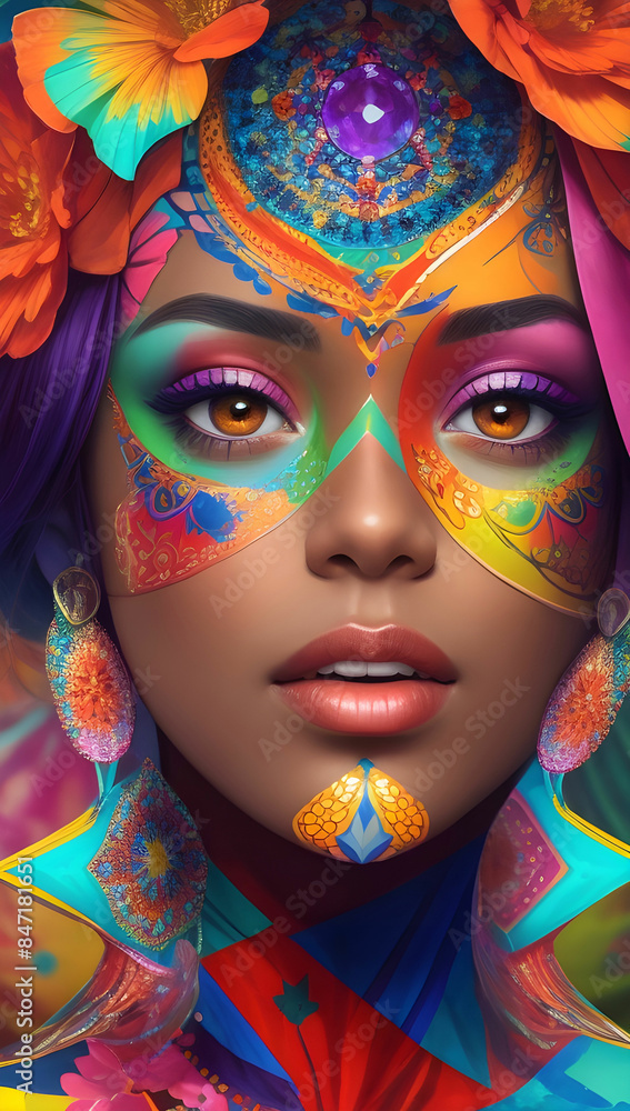 A vibrant and diverse portrait of a woman face adorned with a kaleidoscope of colors A vibrant and diverse portrait of a woman face adorned with a kaleidoscope of colors