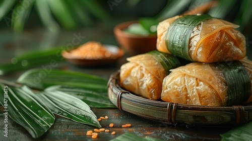 Traditional zongzi rice dumplings on green table for dragon boat festival, close up top view photo