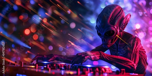 Alien DJs throw cosmic dance party for intergalactic revelers in zero gravity. Concept Zero Gravity Dance Party, Intergalactic Revelers, Alien DJs, Cosmic Atmosphere, Extraterrestrial Celebration photo