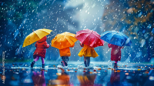 Wallpaper Mural Group of Children with Colorful Umbrellas Walking in the Rain. Generative ai Torontodigital.ca