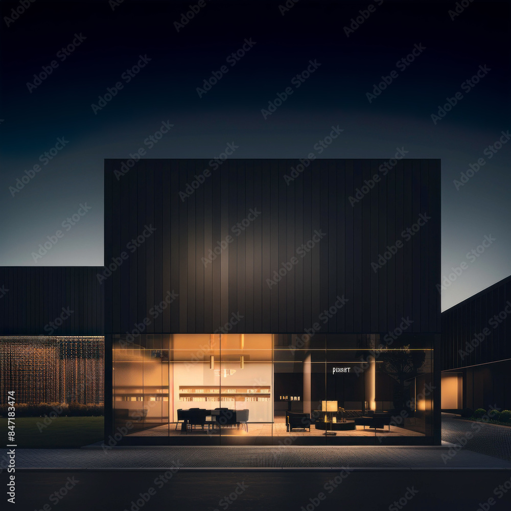 Modern Minimalist Building Entrance with Warm Lighting. Generative ai Modern Minimalist Building Entrance with Warm Lighting. Generative ai