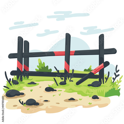 Rural broken fence vector illustration, dilapidated wooden barrier cartoon style, countryside damaged enclosure graphic. Countryside landscape element, farm perimeter security barrier cartoon