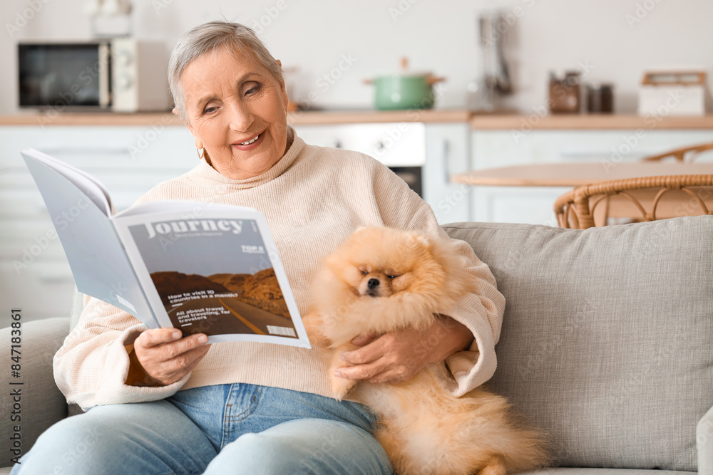 Senior woman with Pomeranian dog reading magazine at home Senior woman with Pomeranian dog reading magazine at home