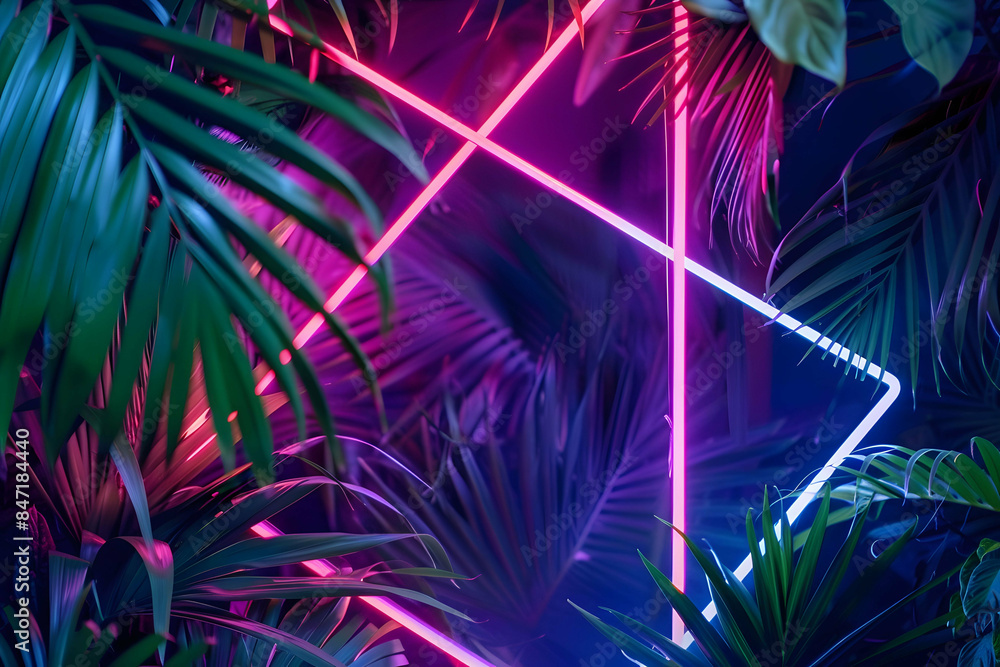 Fototapeta premium Creative fluorescent color layout made of tropical leaves. Flat lay neon colors. Nature concept.