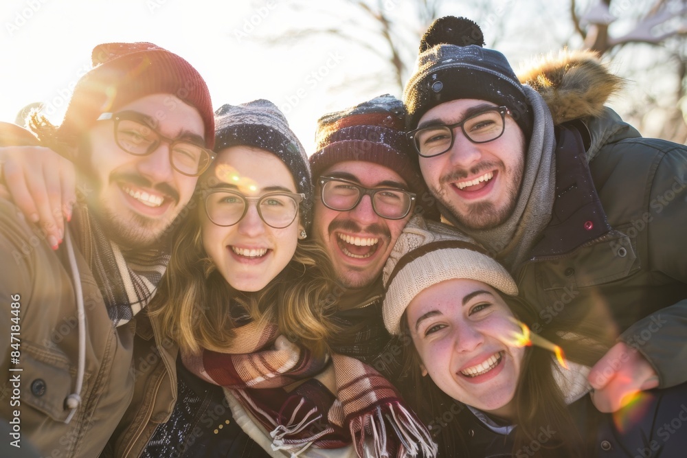 Group of friends in winter clothes smiling and having fun at the park Group of friends in winter clothes smiling and having fun at the park