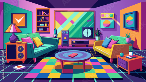 A colorful living room with a couch, coffee table, and a TV. The room is bright and cheerful, with a mix of colors and patterns