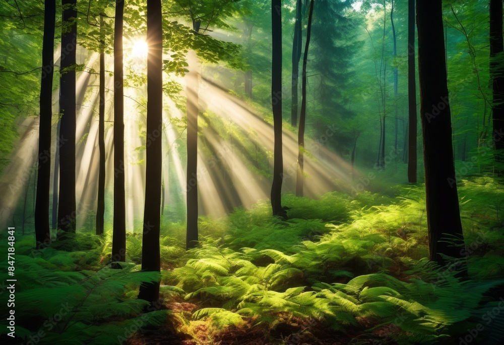 Naklejka premium sunlit forest glade beam light tranquil nature scene woods, serene, peaceful, trees, sunlight, woodland, bright, calm, natural, picturesque, foliage, sunbeams,