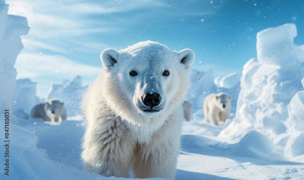 A polar bear with white fur and brown eyes stares into the camera, standing against a snowy landscape. A polar bear with white fur and brown eyes stares into the camera, standing against a snowy landscape.