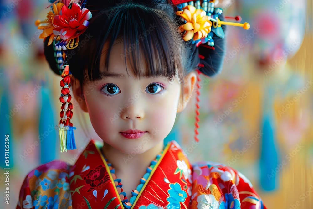 Portrait of a young japanese girl wearing a traditional kimono with a colorful background Portrait of a young japanese girl wearing a traditional kimono with a colorful background