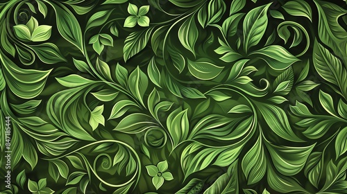 Green leaves and vines grow on a dark background. The leaves are of different shapes and sizes, and the vines are curled and twisted. photo