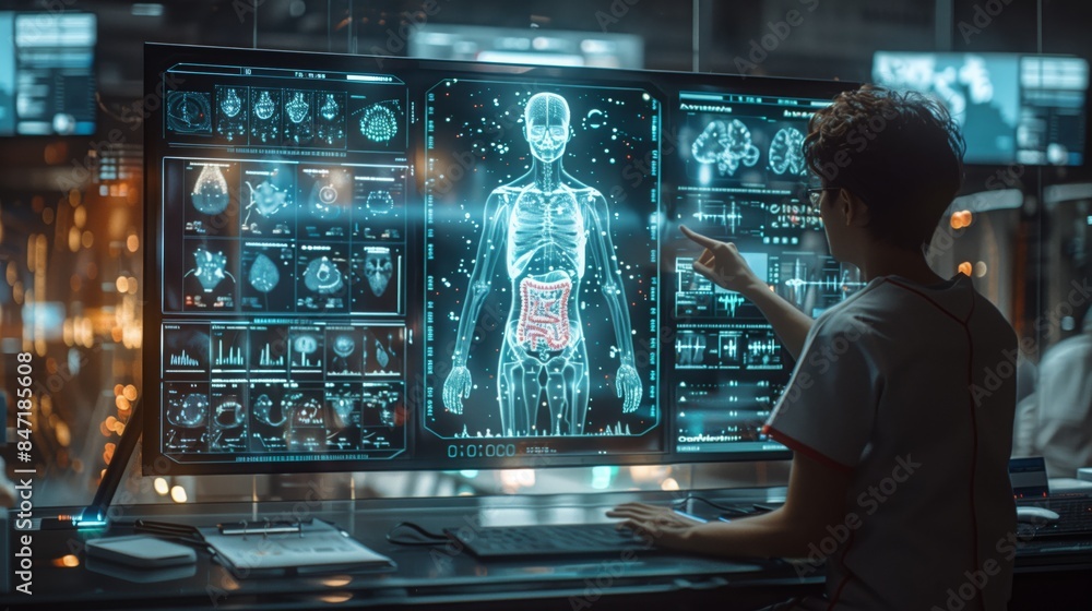 A futuristic medical setting featuring a doctor using holographic technology to consult with a patient about the digestive system. The doctor points to a digital representation of the intestines on a A futuristic medical setting featuring a doctor using holographic technology to consult with a patient about the digestive system. The doctor points to a digital representation of the intestines on a