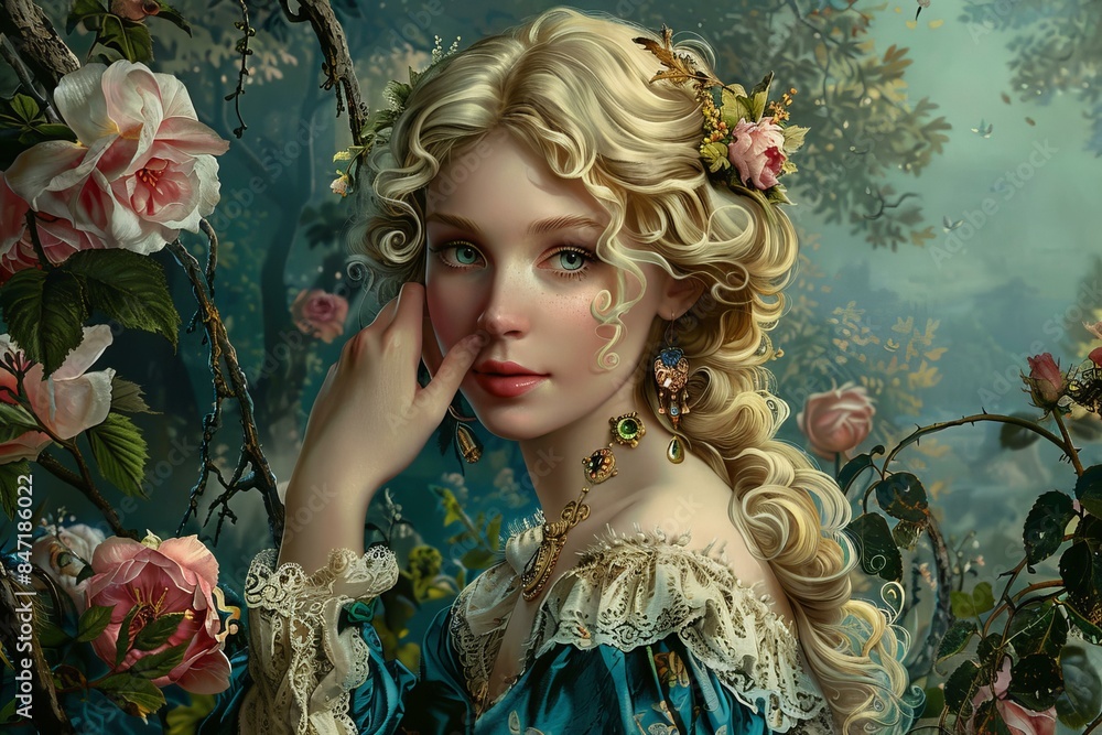 Beautiful blonde princess posing in enchanted fairy tale garden wearing jewelry and elegant dress with pink roses Beautiful blonde princess posing in enchanted fairy tale garden wearing jewelry and elegant dress with pink roses