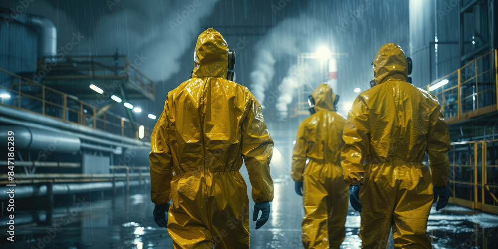 Workers in a nuclear power plant wearing safety gear, inspecting equipment Workers in a nuclear power plant wearing safety gear, inspecting equipment