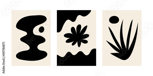 Set of abstract minimalist posters with organic shapes and silhouettes of flower and grass. Bohemian vector modern flat illustration