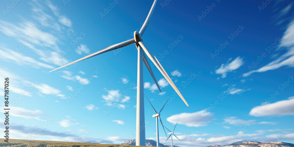 Fototapeta premium Close-up of a single wind turbine against a clear blue sky, blades rotating, high detail