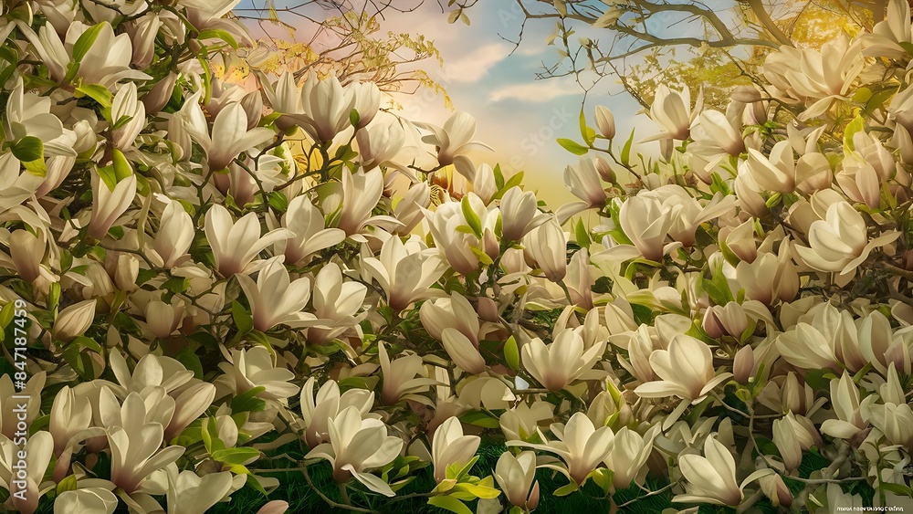 Mysterious spring floral background with blooming white magnolia flowers Mysterious spring floral background with blooming white magnolia flowers