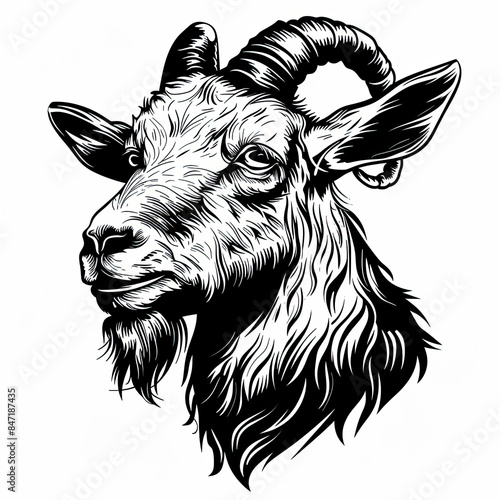 A black and white drawing of a goat 's head