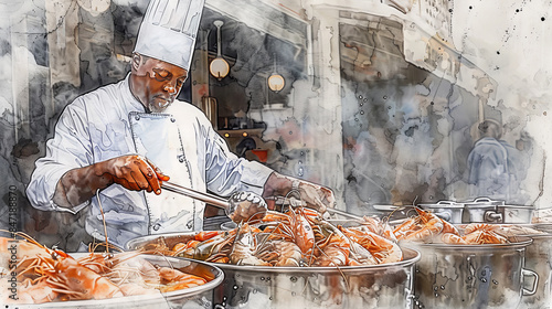 A chef is grilling seafood on a large grill.