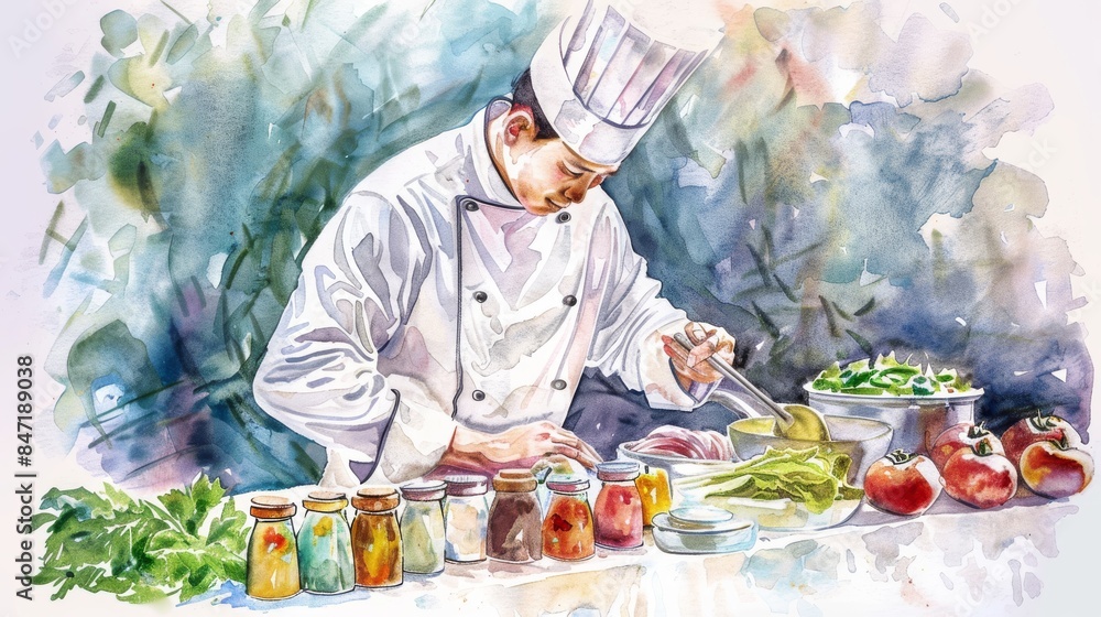 A chef is preparing a salad in the kitchen. A chef is preparing a salad in the kitchen.