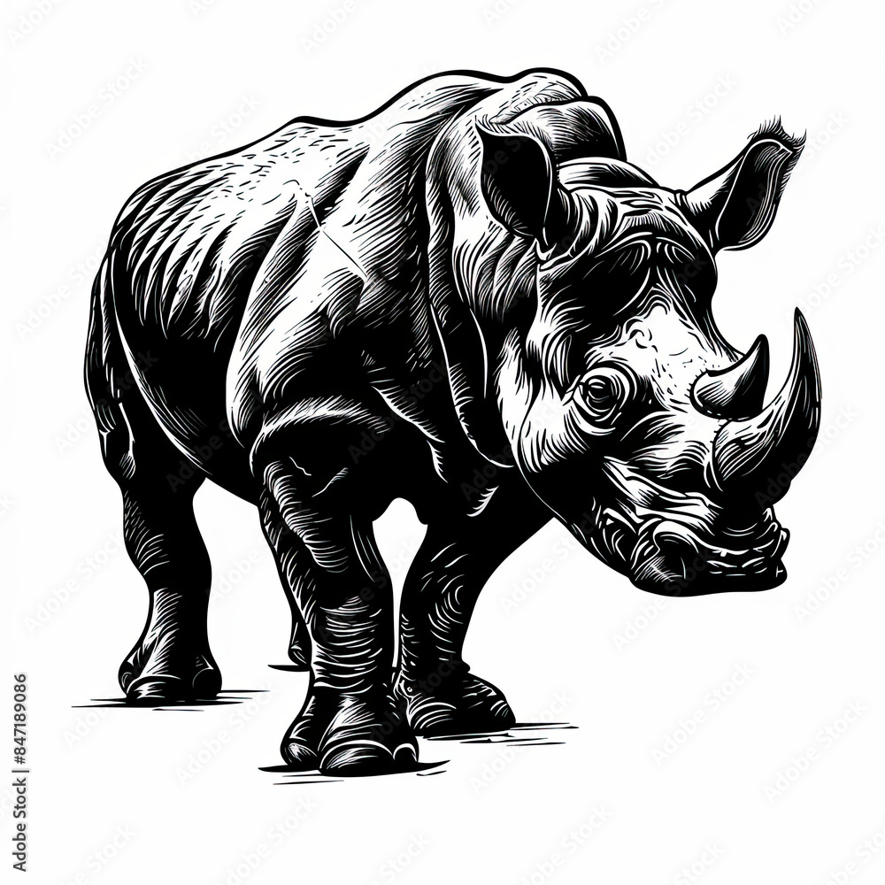 Fototapeta premium A black and white drawing of a rhinoceros on a white background