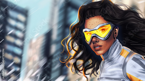 Female superhero with yellow goggles in cityscape with tall buildings and rain