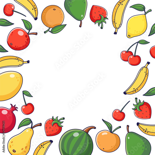 Summer fruits harvest square frame. Summer time postcard template. Juicy fruits frame in doodle style. Cartoon illustration  decor frame. Copy space