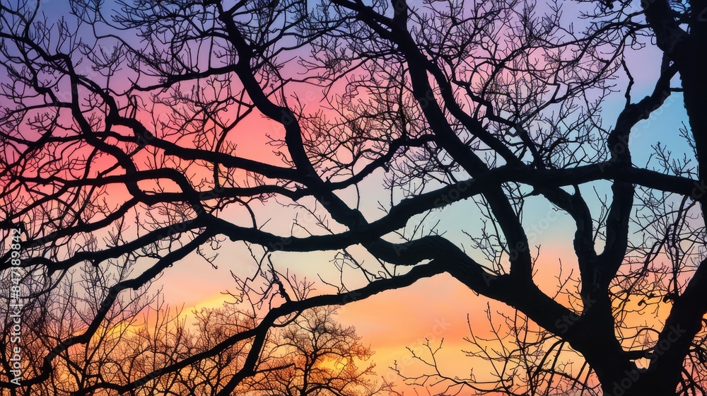 Tree s leafless branches silhouetted against the early morning sky Tree s leafless branches silhouetted against the early morning sky