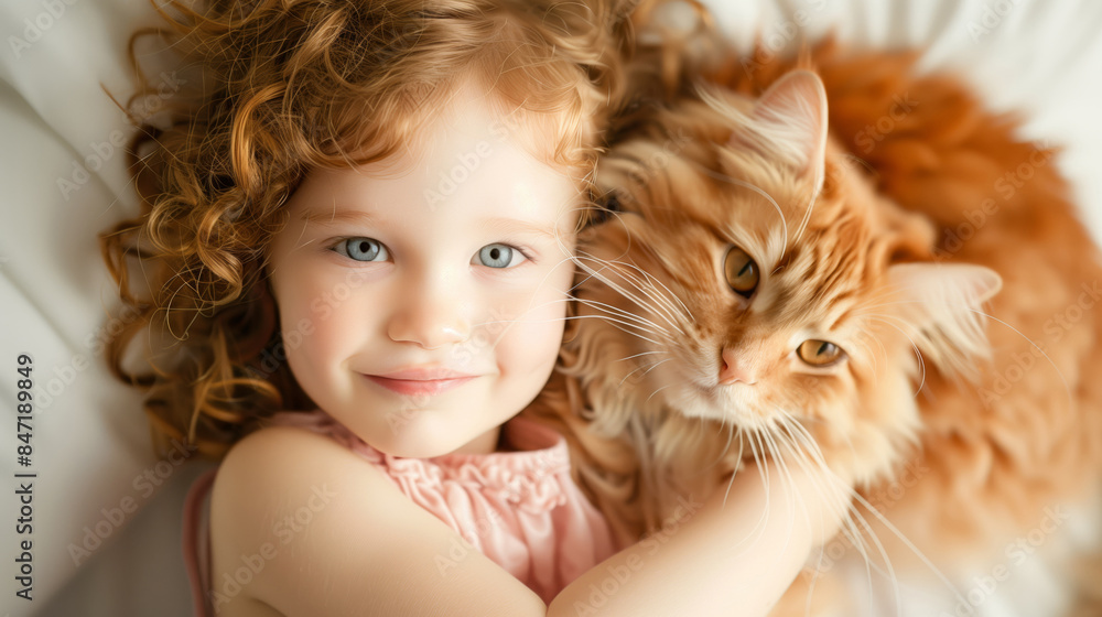 Portrait of a little girl with red hair and blue eyes with a red fluffy kitten Portrait of a little girl with red hair and blue eyes with a red fluffy kitten
