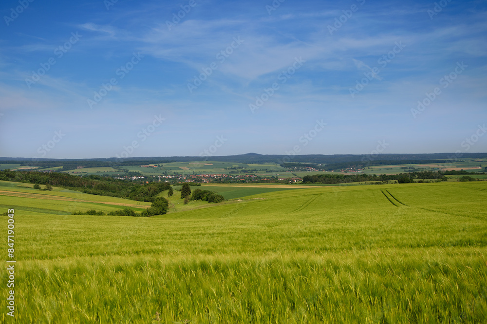 A beautiful European countryside with green fields and a blue sky in the background. In the distance, a small town can be seen. A beautiful European countryside with green fields and a blue sky in the background. In the distance, a small town can be seen.