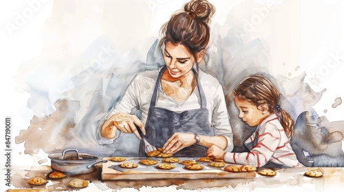 A watercolor illustration of a mother and daughter baking together, showcasing a heartwarming moment in the kitchen.