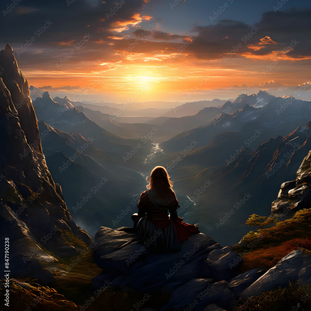 Fototapeta premium A girl sitting on the a mountain watching the sun setting behind the mountains