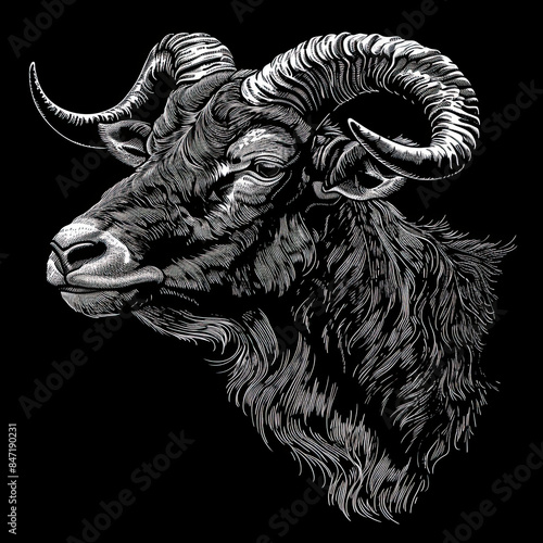 A black and white drawing of a ram 's head with long horns photo