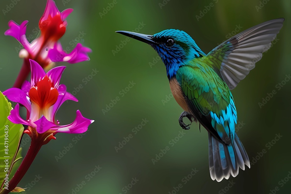 Fototapeta premium Beautiful shiny tropic green and blue bird, Crowned Woodnymp, Thalurania colombica, flying next tu pink bloom flower, glossy animal, Costa Rica 