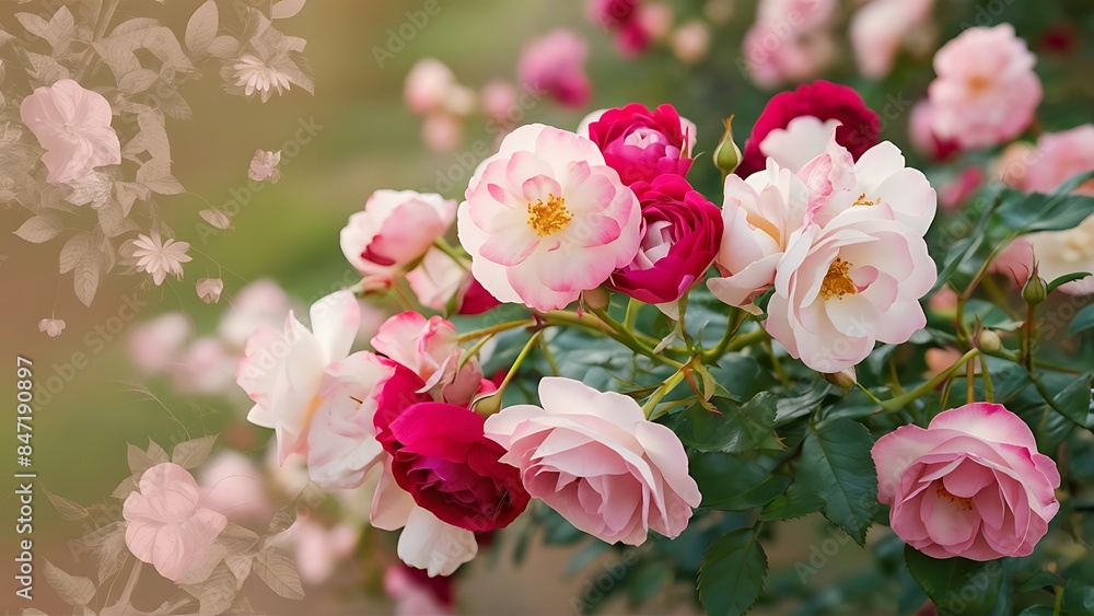 Blooming rose bush natural floral spring background soft selective focus on rose blossoms spring floral wallpaper Blooming rose bush natural floral spring background soft selective focus on rose blossoms spring floral wallpaper