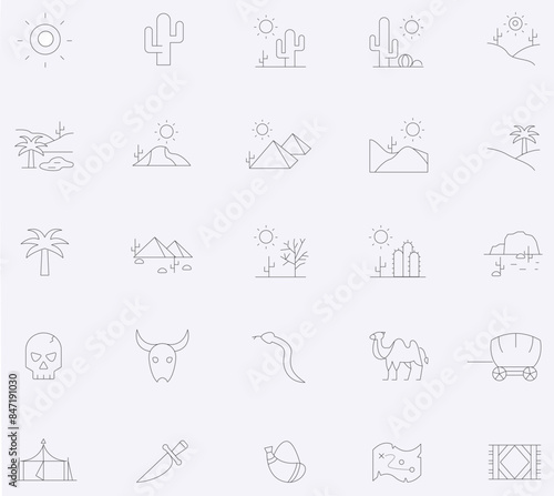 Desert linear icons. Thin line customizable illustration. Vector isolated outline drawing. Editable stroke.