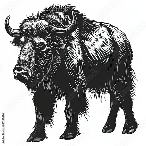 A black and white drawing of a yak with long horns