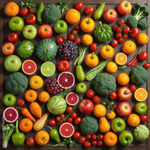 Hyperrealistic Flat Lay of Various Colorful Fruits and Vegetables Arranged on a Rustic Wooden Table