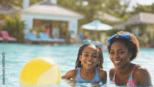 Happy smiling black african american mother and daughter swimming on summer vacation holiday