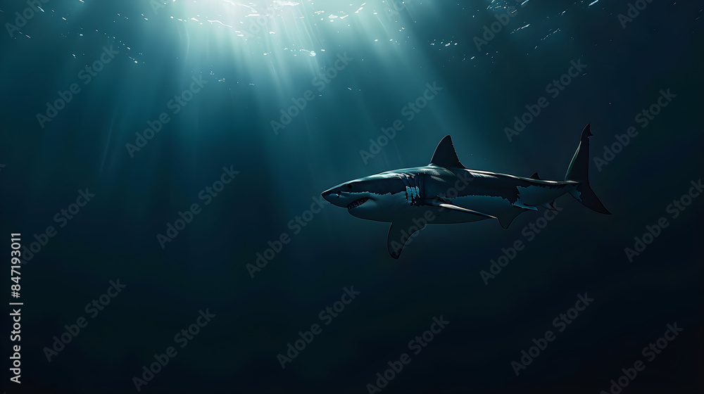 Obraz premium The ominous silhouette of a great white shark lurking in the shadows, its sleek form blending seamlessly into the depths of the ocean, with copy space