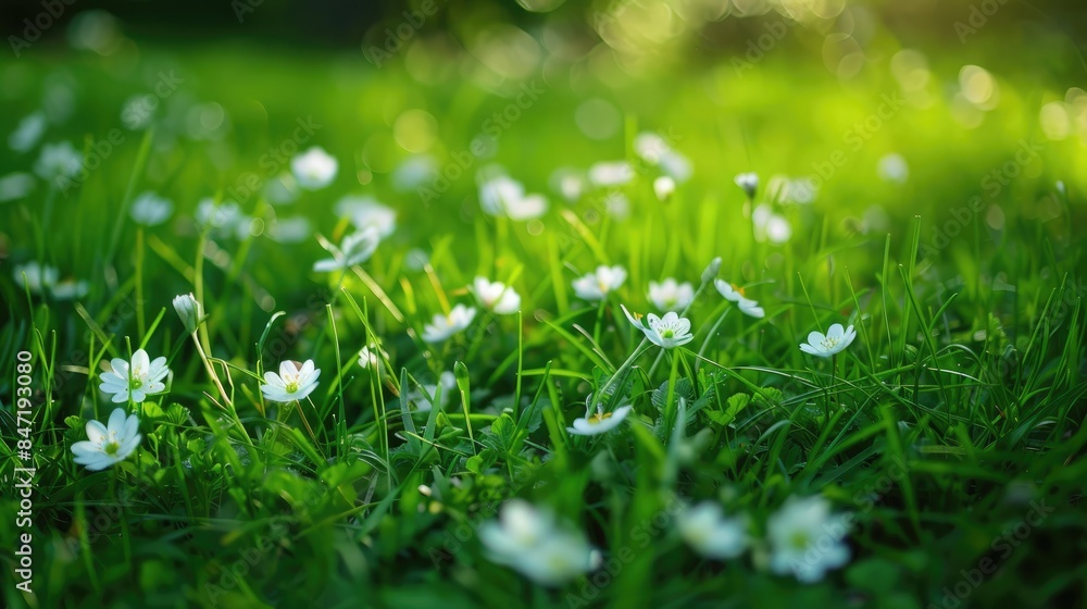 White flowers on the meadow among green grass White flowers on the meadow among green grass