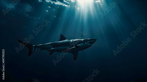 The ominous silhouette of a great white shark lurking in the shadows, its sleek form blending seamlessly into the depths of the ocean, with copy space photo