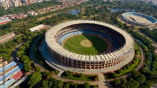drone shot of a cricket stadium full of audience