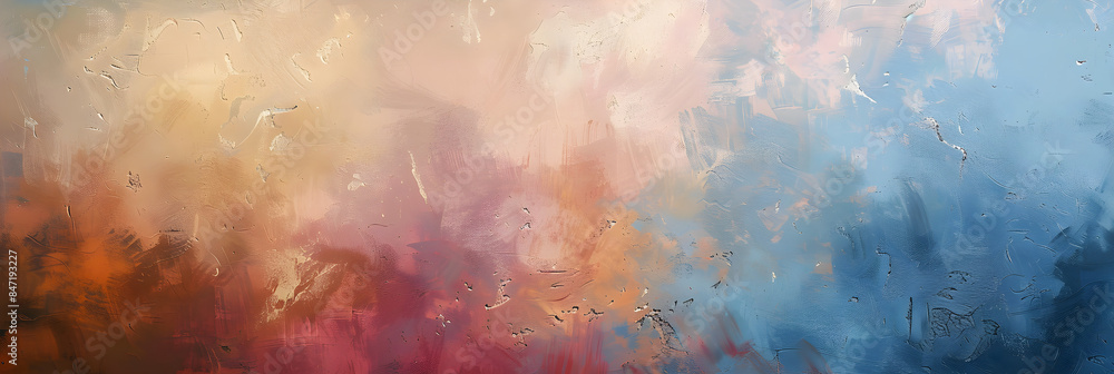 Fototapeta premium An abstract painting with a textured canvas featuring a blend of warm and cool pastel colors, perfect for modern art decor, with copy space
